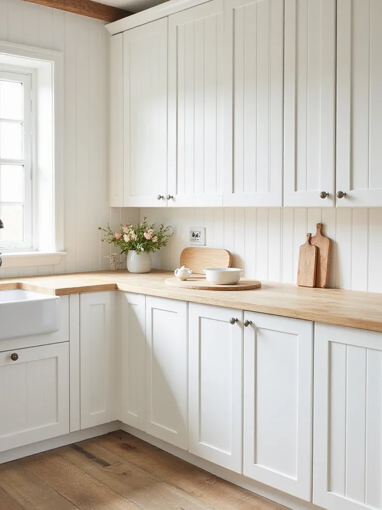 White beadboard kitchen cabinets in a farmhouse style kitchen