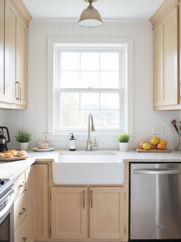 Farmhouse kitchen with white beadboard backsplash