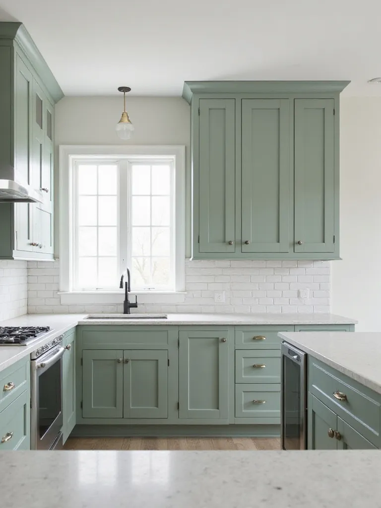 Modern kitchen with sage green cabinets, white quartz countertops, and subway tile backsplash.