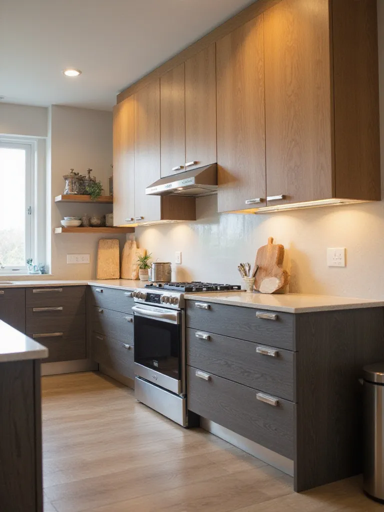 Modern kitchen showcasing durable and stylish cabinet materials including laminate and wood.