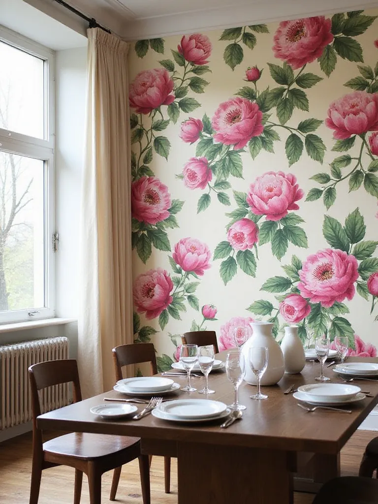 Dining room with bold pink peony floral wallpaper