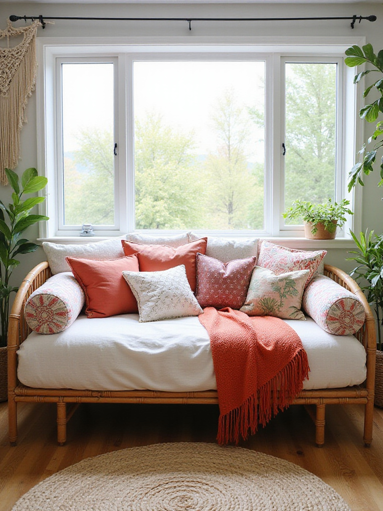 Bohemian daybed with colorful throw pillows in a bright bedroom