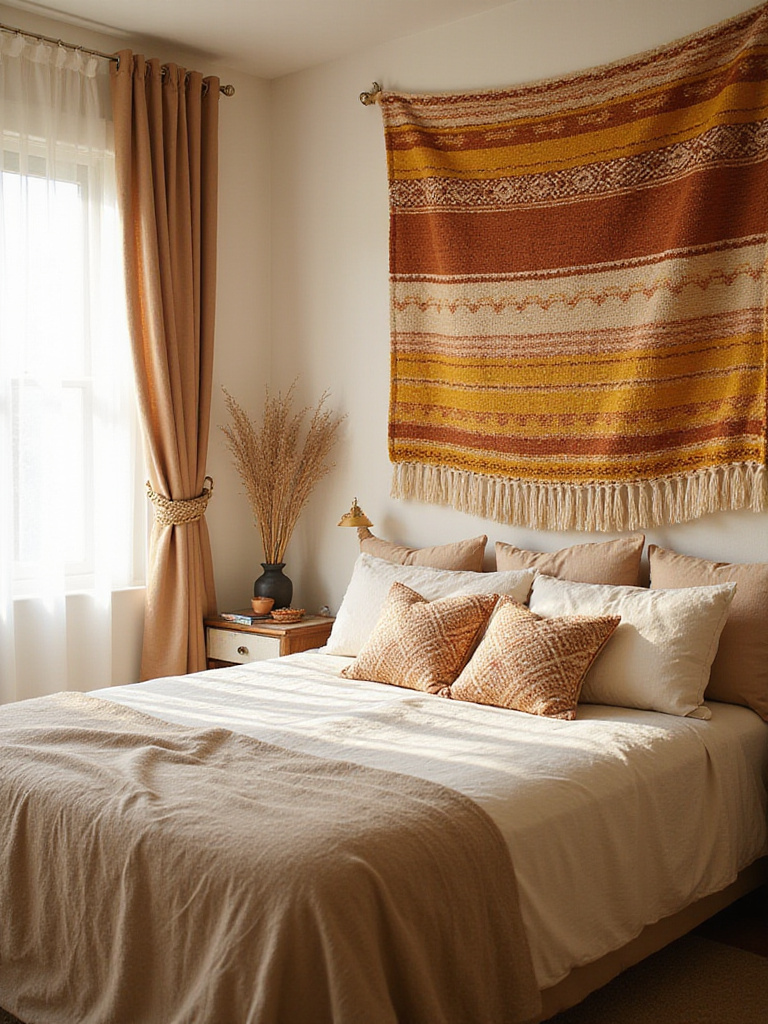 Boho bedroom with woven tapestry above bed