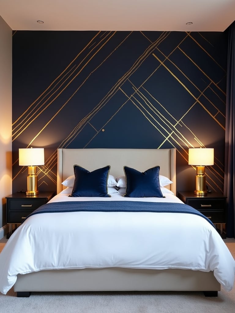 Bedroom with bold geometric wallpaper featuring gold lines on a navy blue accent wall.