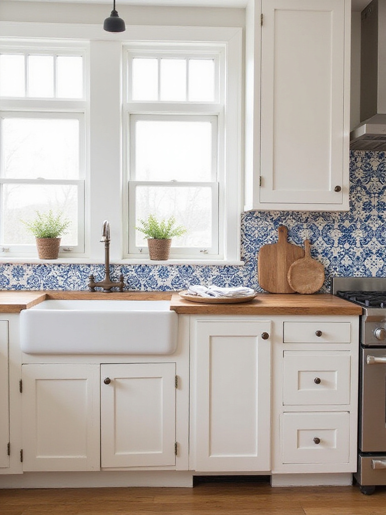 Farmhouse kitchen with bold blue and white encaustic tile backsplash