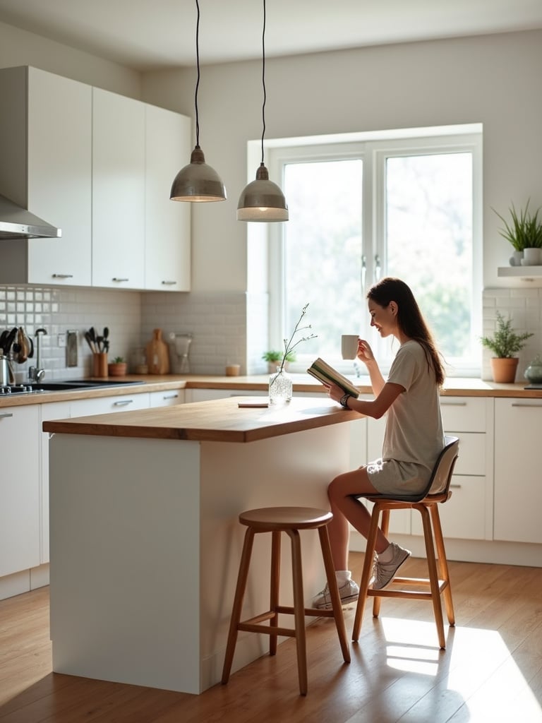 Small kitchen with white island and wooden counter-height breakfast bar extension.