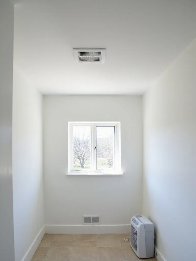 Bright laundry room with open window, exhaust fan, and dehumidifier, emphasizing proper ventilation.