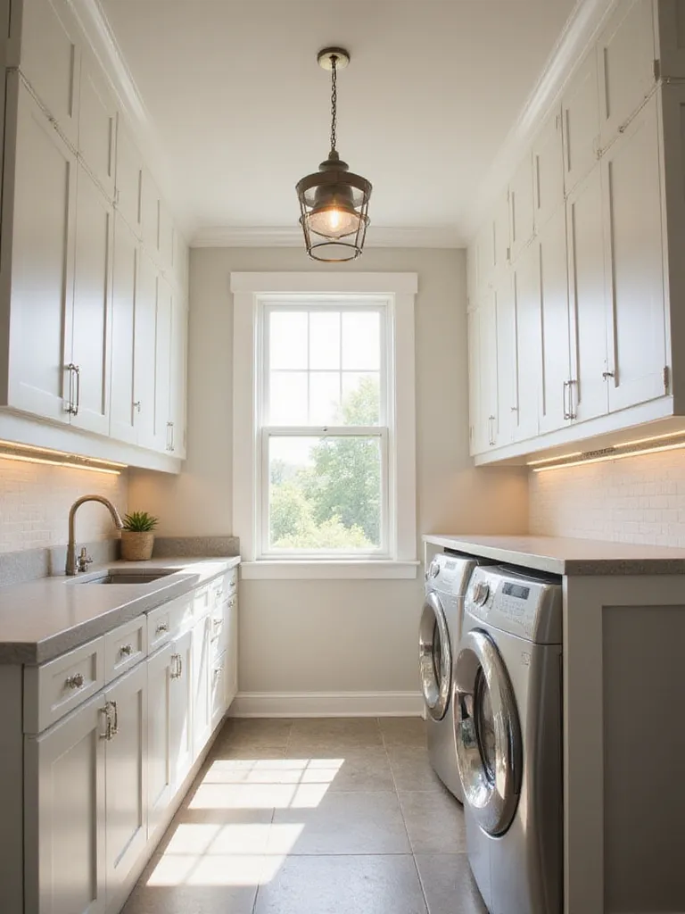 Modern laundry room design with layered lighting including recessed lights, under-cabinet lighting, and pendant light.