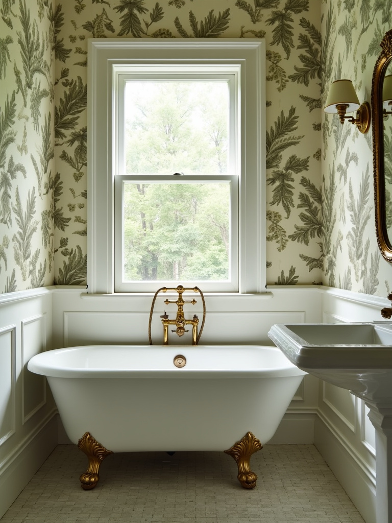 Vintage bathroom with botanical print wallpaper featuring ferns and wildflowers.