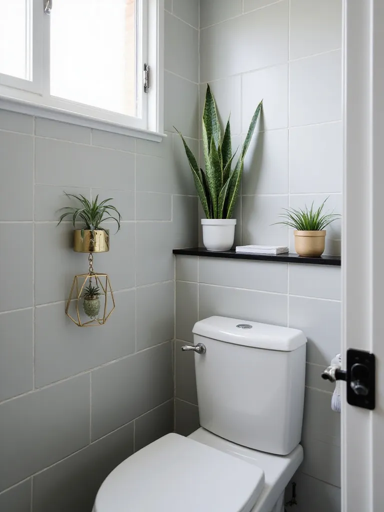 Small bathroom with snake plant and air plant, bringing nature indoors without clutter.