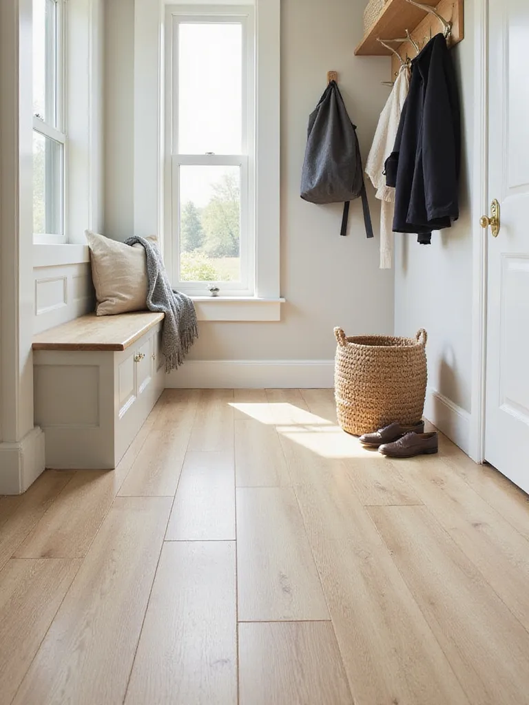 Mudroom with light wood-look sheet vinyl flooring, coat hooks, and bench.