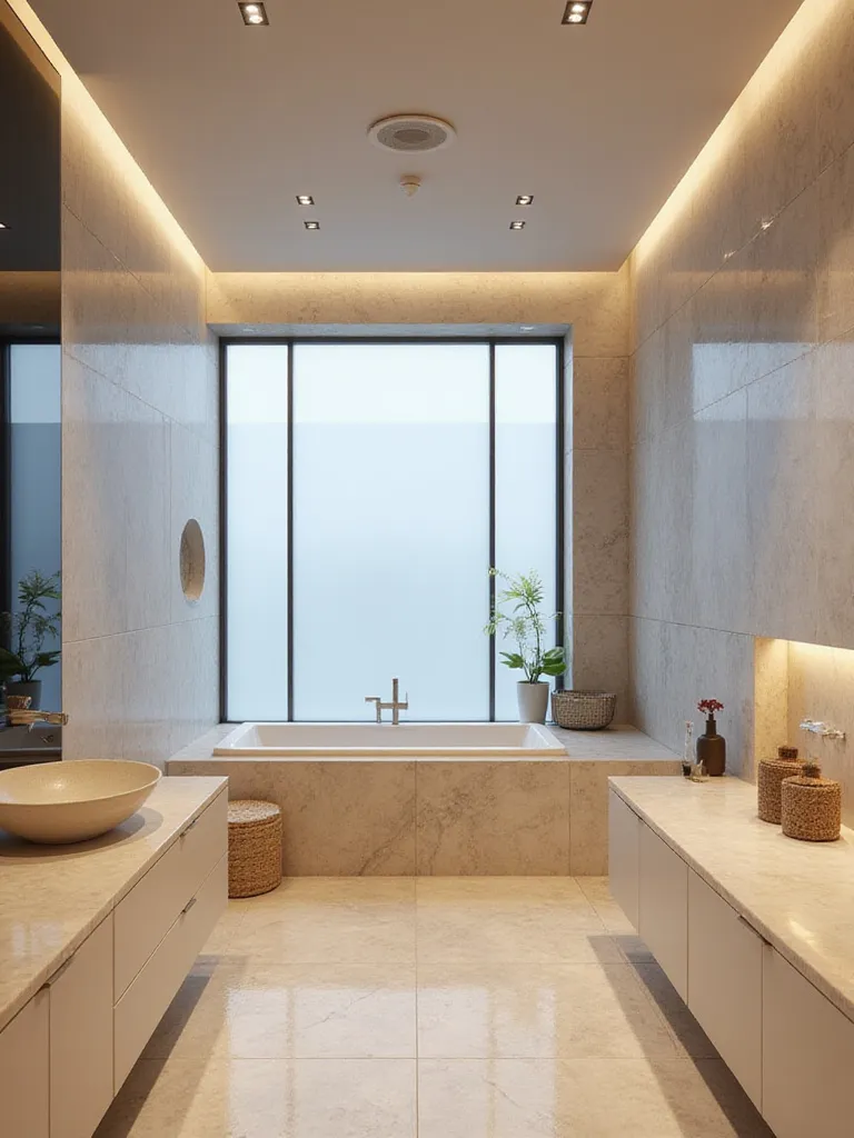 Modern luxury bathroom with recessed speakers, creating a relaxing audio environment.