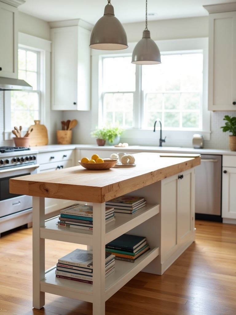 Small kitchen island with warm maple butcher block top for food preparation and added workspace.