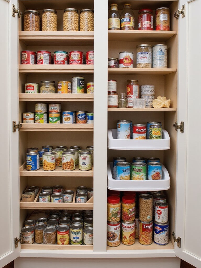 Organized pantry cabinet with various can organizers showcasing a neatly arranged collection of canned goods.