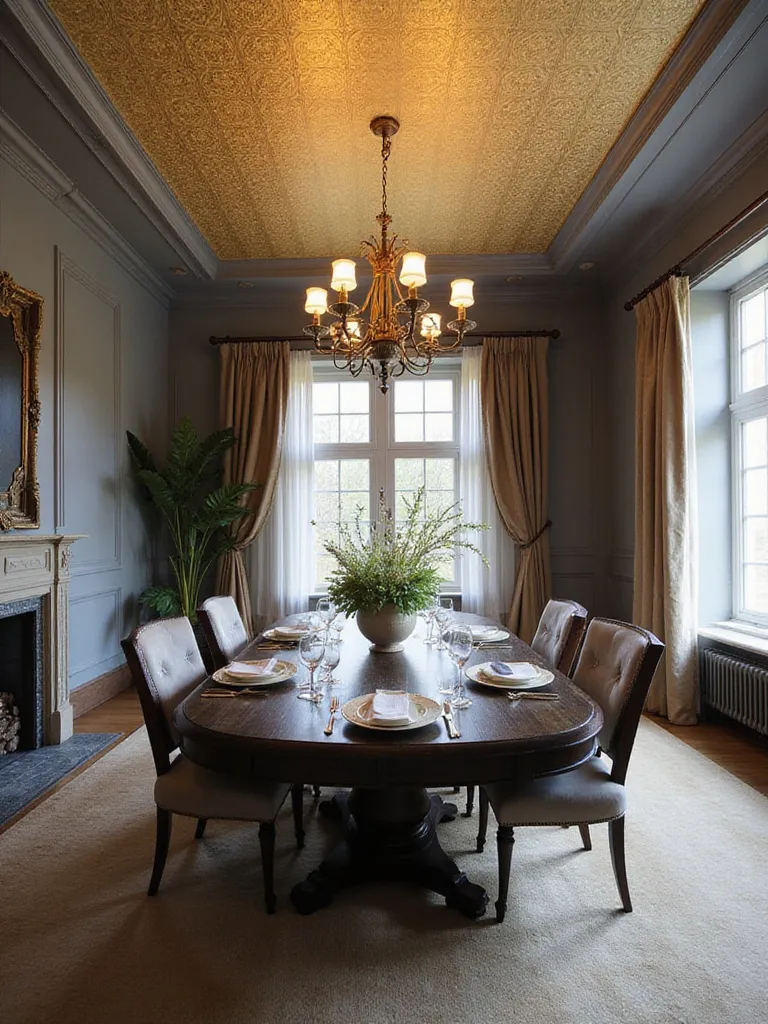 Dining room with geometric gold wallpaper on ceiling
