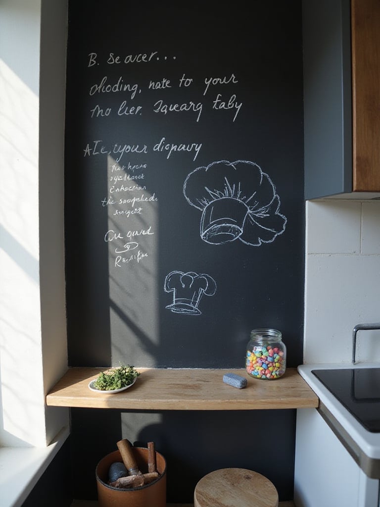 Kitchen with chalkboard wallpaper for notes and lists