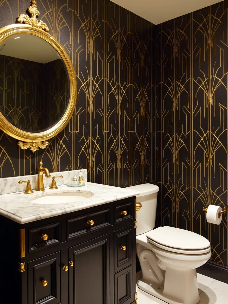 Art Deco bathroom wallpaper with gold and black geometric patterns