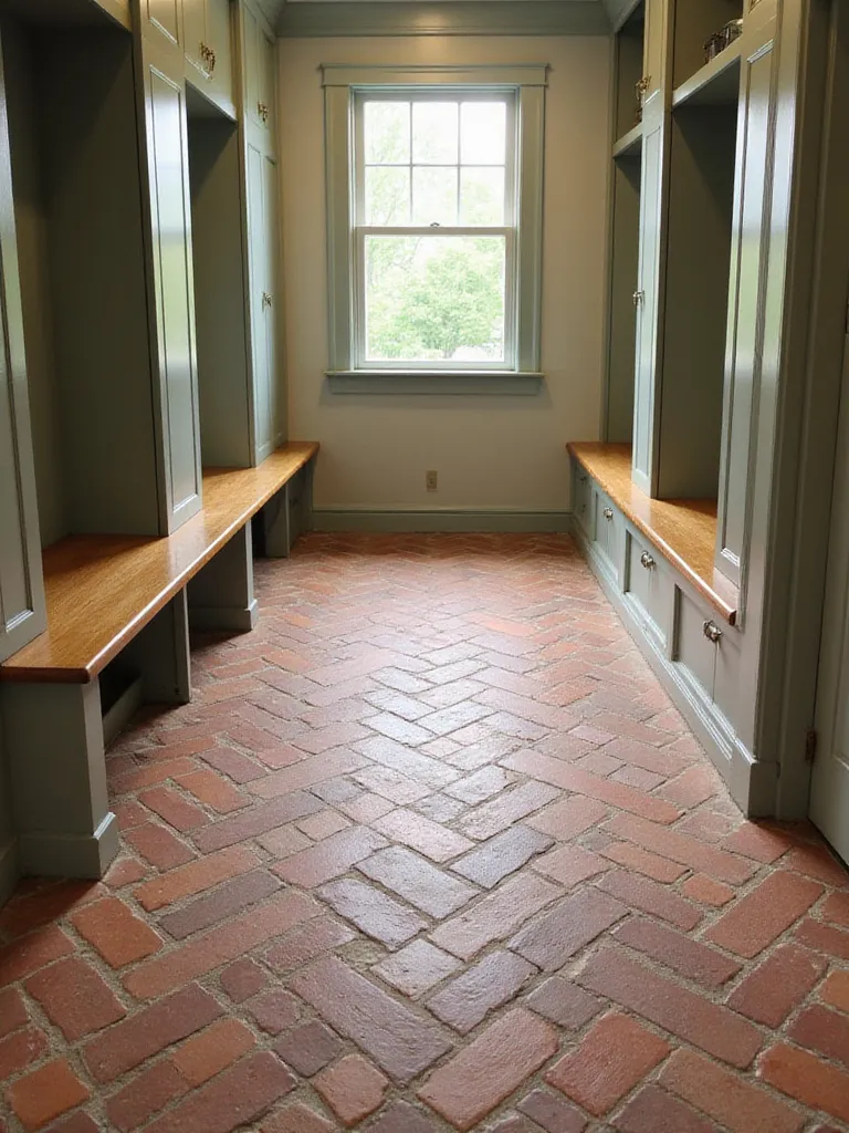 Mudroom featuring a charming brick paver floor in a herringbone pattern.