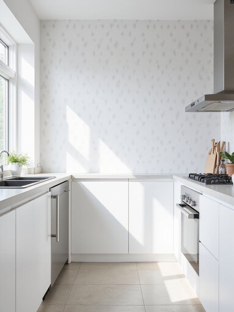 Modern kitchen with white cabinets and geometric triangle wallpaper accent wall.