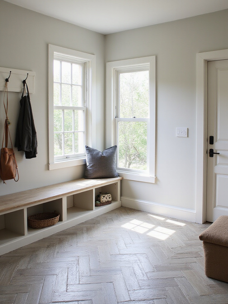 Mudroom featuring durable and stylish herringbone pattern ceramic tile flooring.
