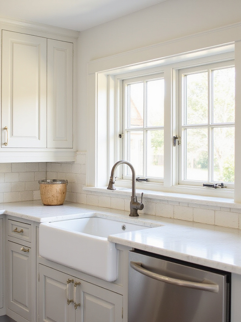Farmhouse kitchen backsplash with classic neutral subway tiles