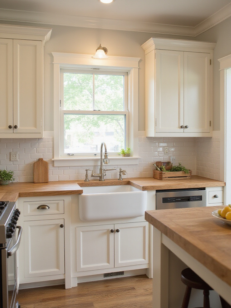 Farmhouse kitchen featuring classic white Shaker cabinets with butcher block countertops and subway tile backsplash.