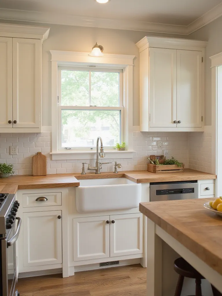 Farmhouse kitchen featuring classic white Shaker cabinets with butcher block countertops and subway tile backsplash.
