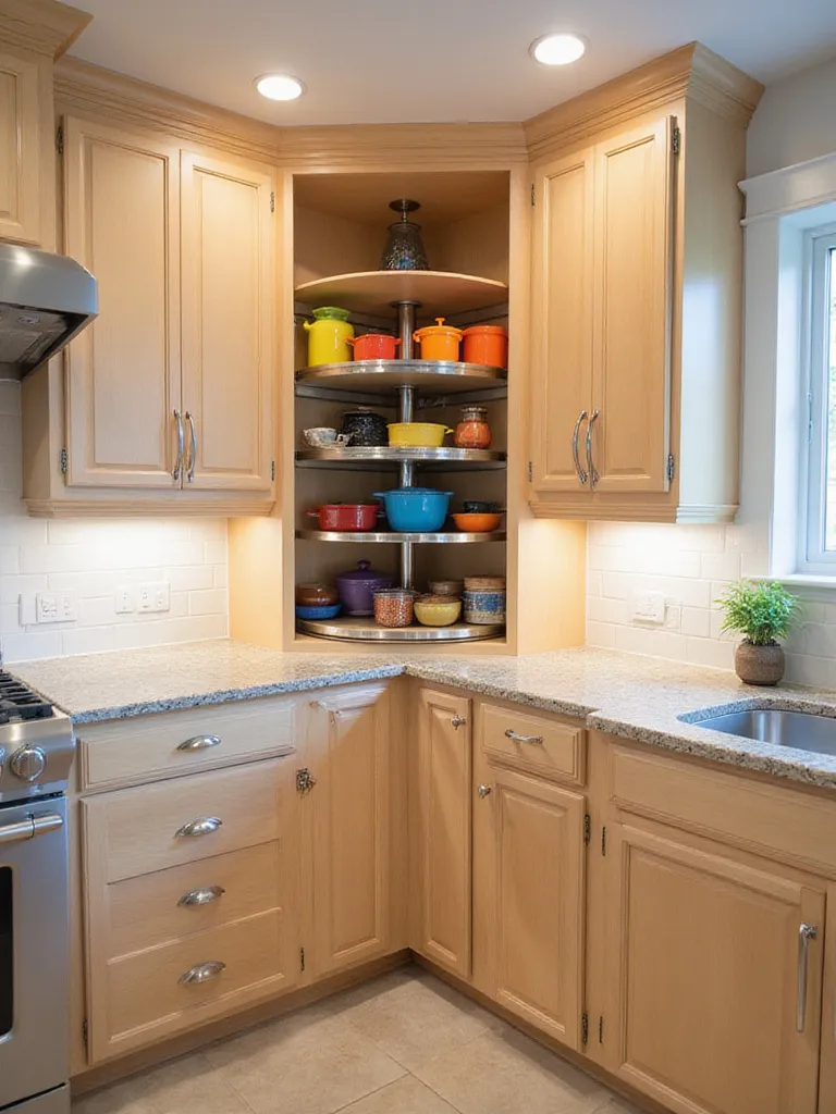 Corner kitchen cabinet with two-tiered lazy susan for efficient storage and easy access.