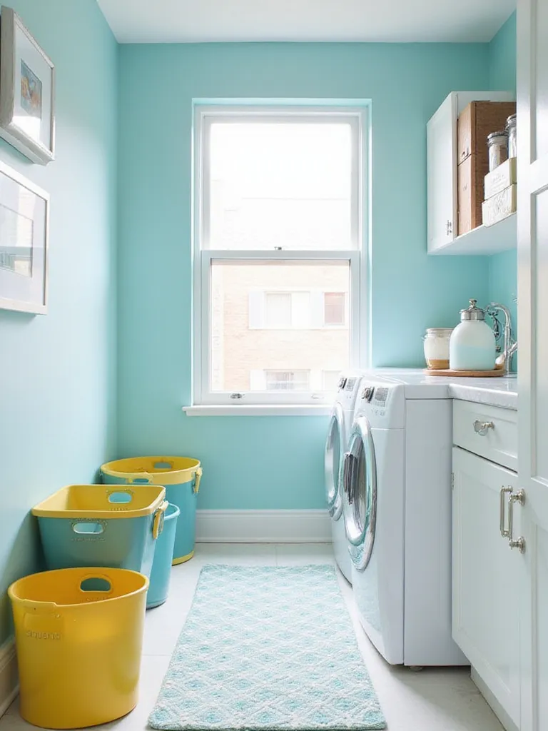 Bright and airy laundry room with soft blue walls and white cabinets, showcasing a fresh and inviting color palette.