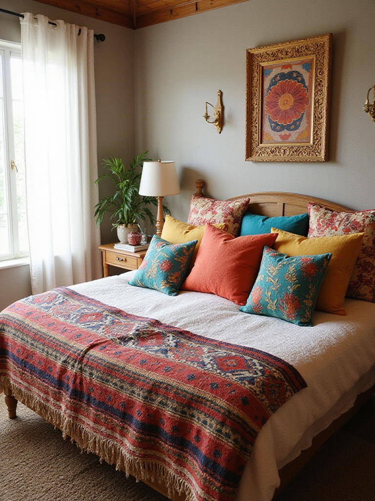 Boho bedroom with colorful throw pillows and cushions in vibrant patterns.
