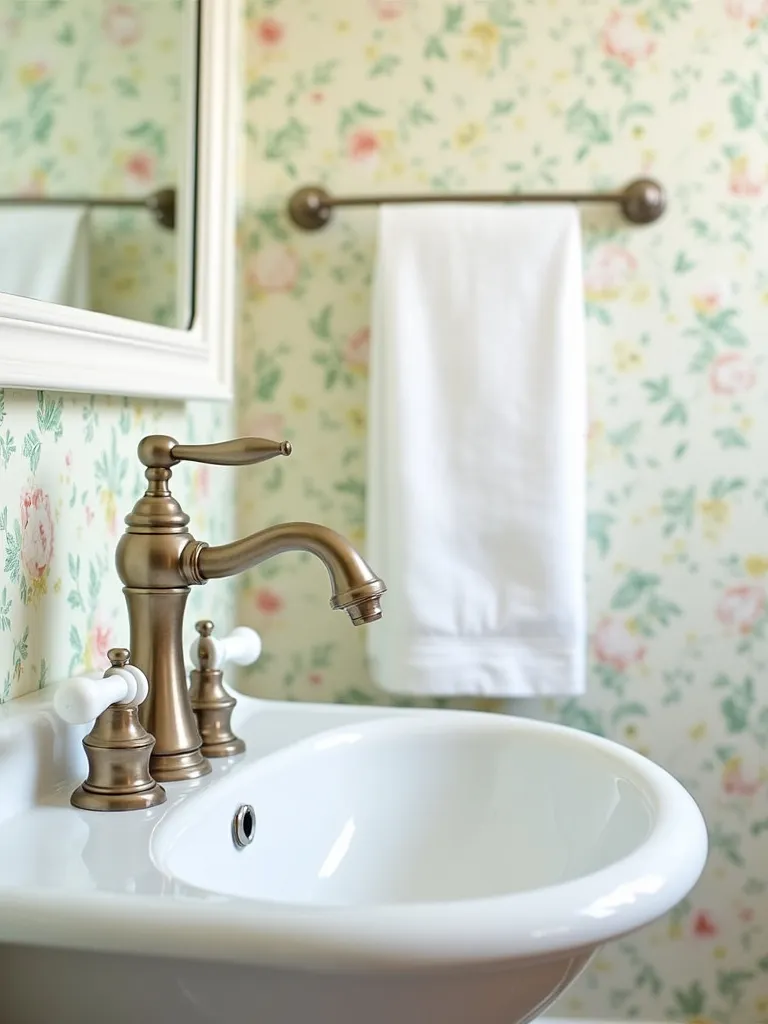 Vintage bathroom with floral wallpaper and classic brushed nickel hardware