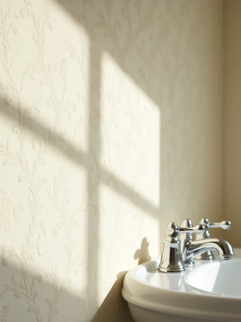 Close-up of vintage bathroom wallpaper with embossed floral texture