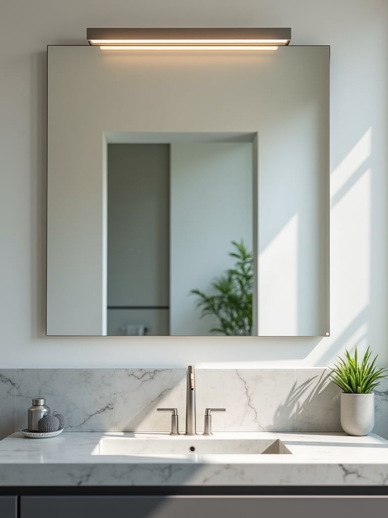 Modern bathroom with linear LED vanity lights matching a minimalist decor theme.