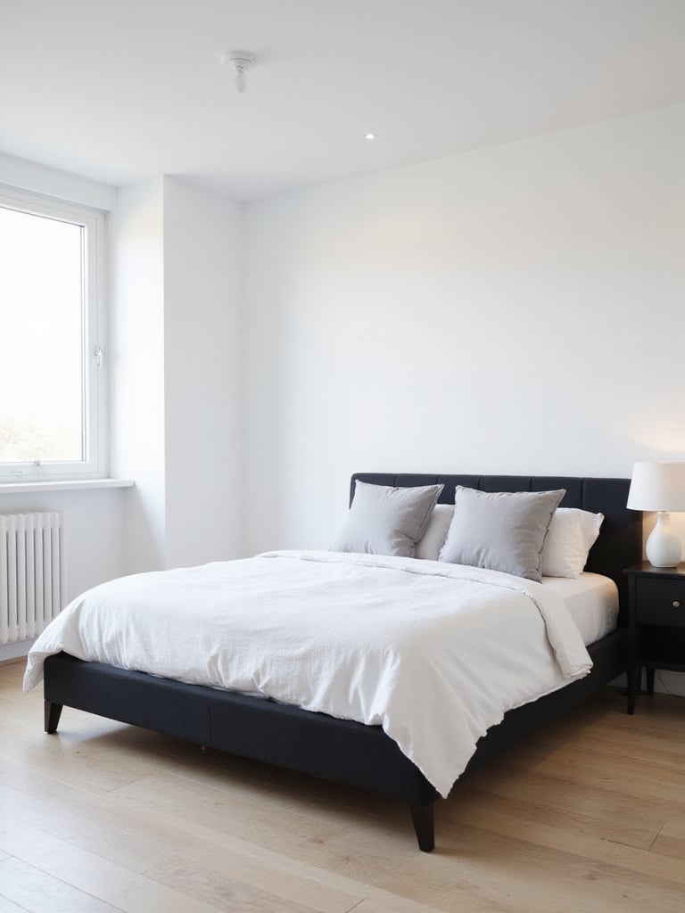 Black platform bed in a light and airy bedroom with white walls