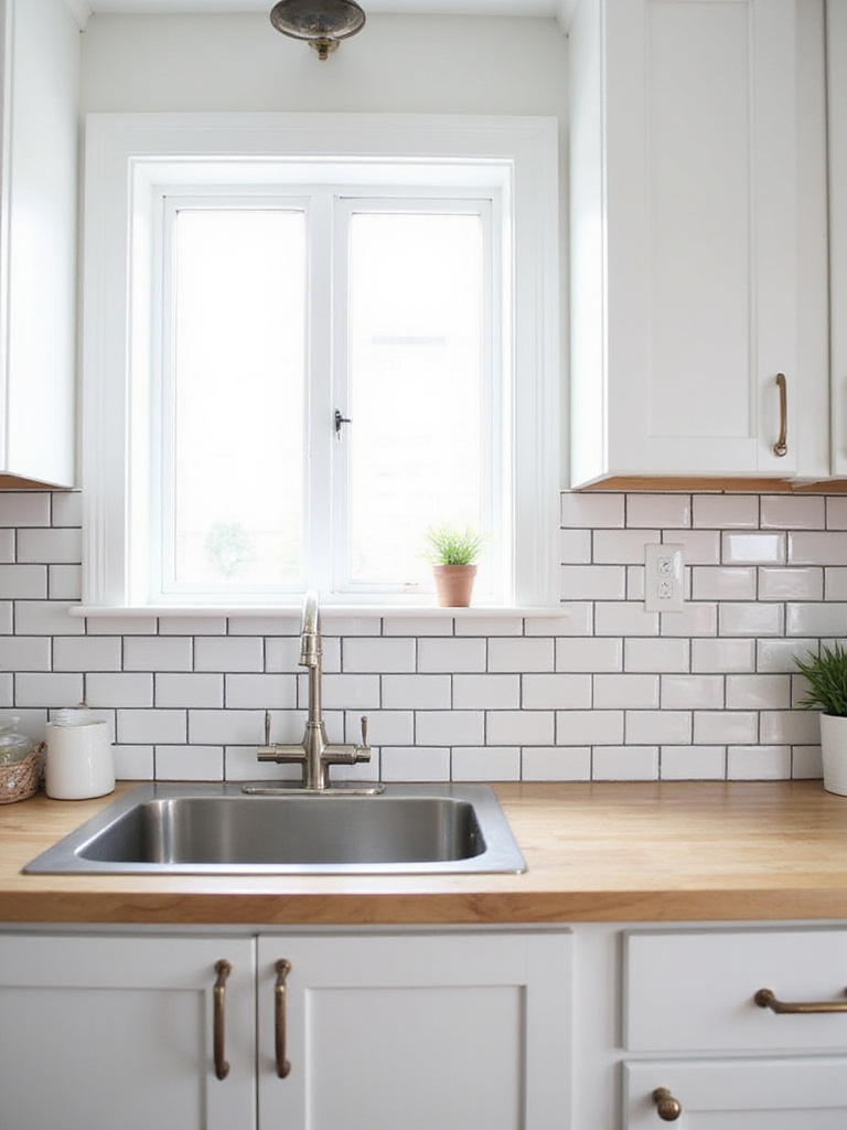 Farmhouse kitchen backsplash with white subway tile and dark gray grout