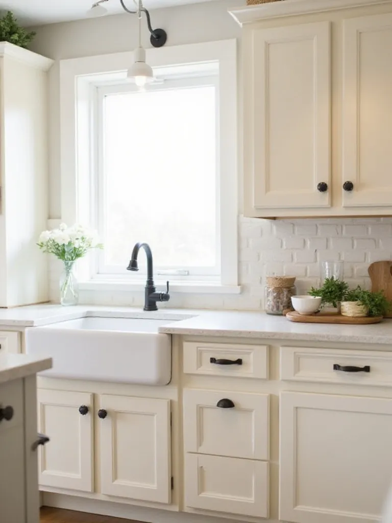 Farmhouse kitchen with cream cabinets and contrasting matte black hardware.