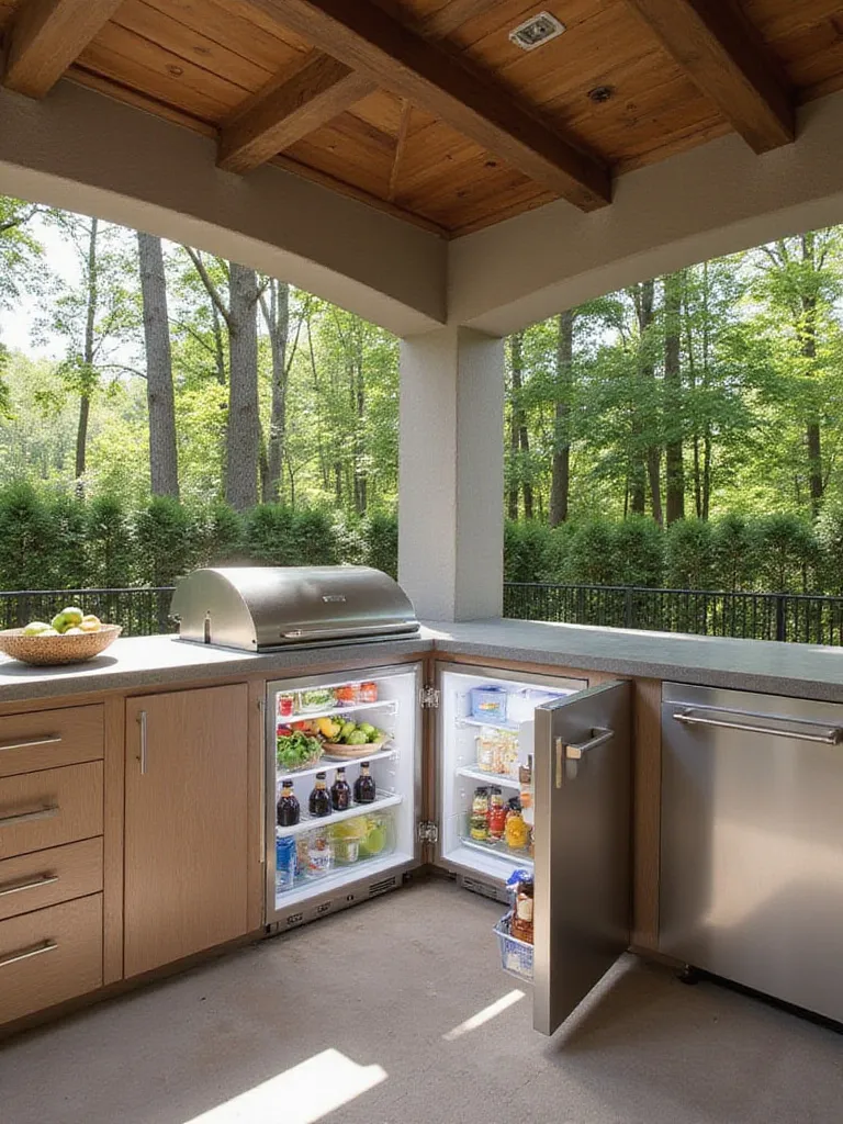 Stainless steel outdoor refrigerator integrated into custom outdoor kitchen cabinetry holding fresh ingredients and beverages.