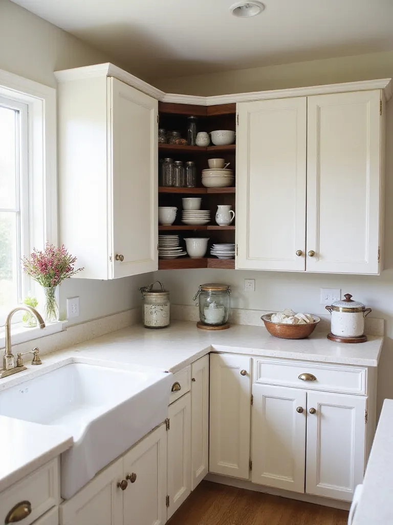Farmhouse kitchen corner cabinet with lazy Susan for optimized storage.