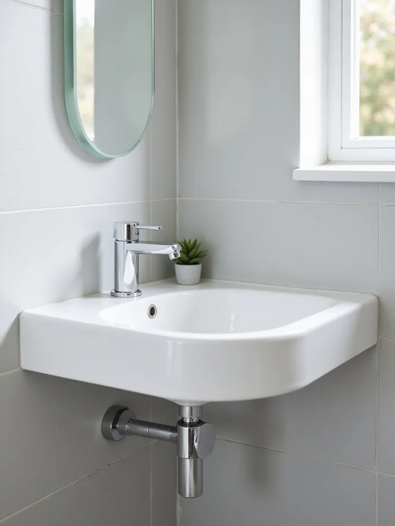 Modern white corner sink with chrome faucet and succulent in a small bathroom.
