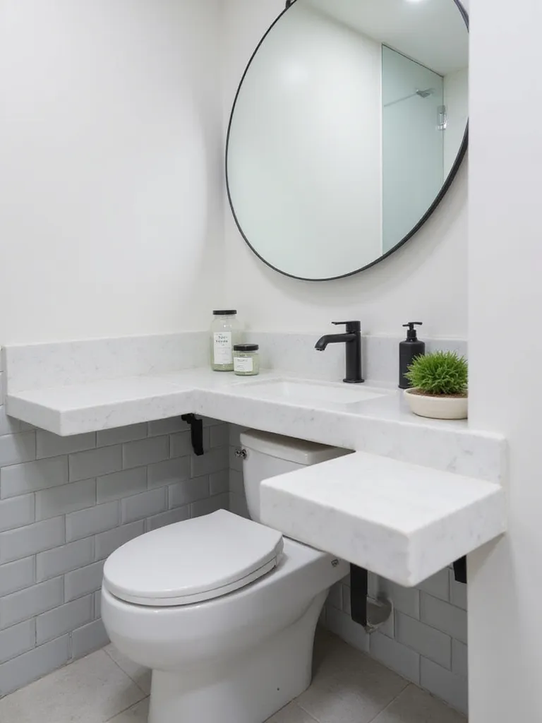 Bathroom with countertop extending over toilet for extra surface space