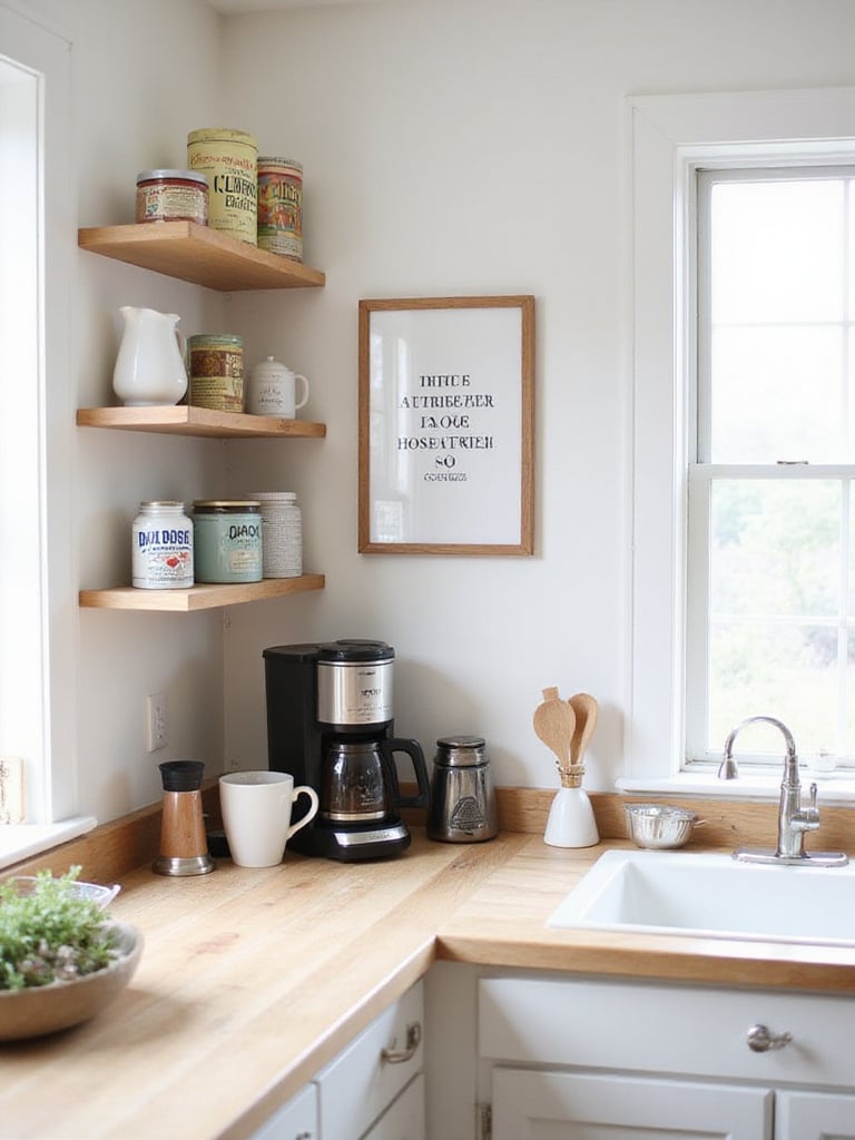 Coffee and tea station wall decor with vintage coffee tins and farmhouse style