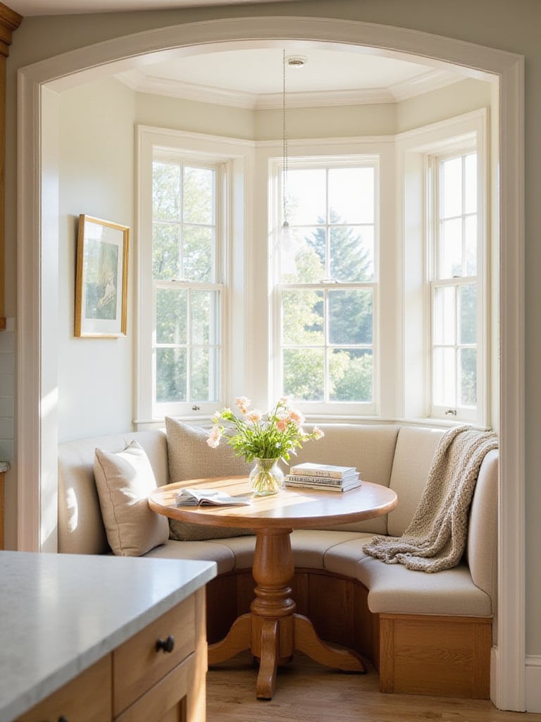Cozy breakfast nook with banquette seating, round table, and window seat.