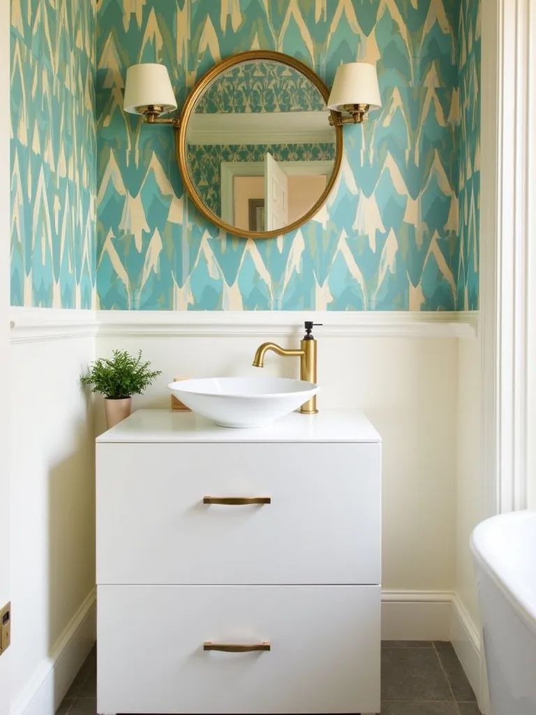 Vintage bathroom with Art Deco geometric wallpaper accent wall behind a modern white vanity.