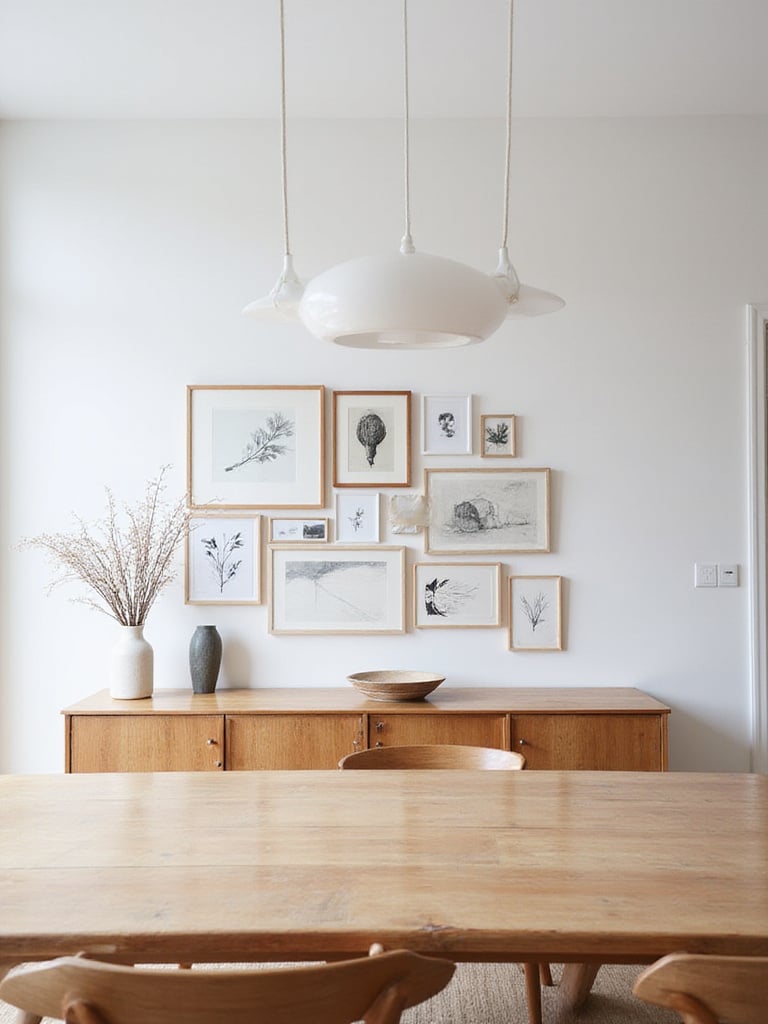 Dining room with a captivating gallery wall featuring diverse artwork.