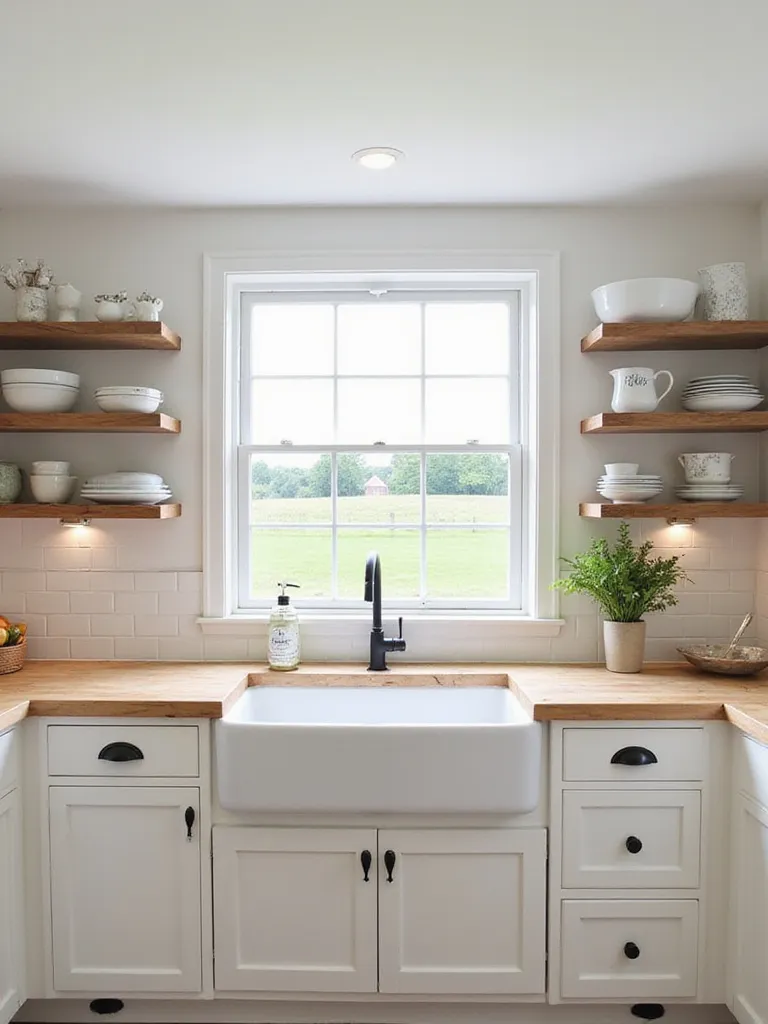 Bright farmhouse kitchen with crisp white shaker cabinets and butcher block countertops.