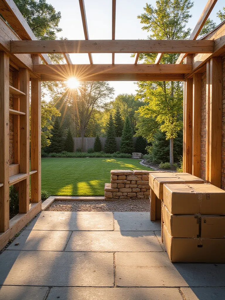 Partially completed DIY outdoor kitchen construction, showing the wooden frame with appliances in boxes