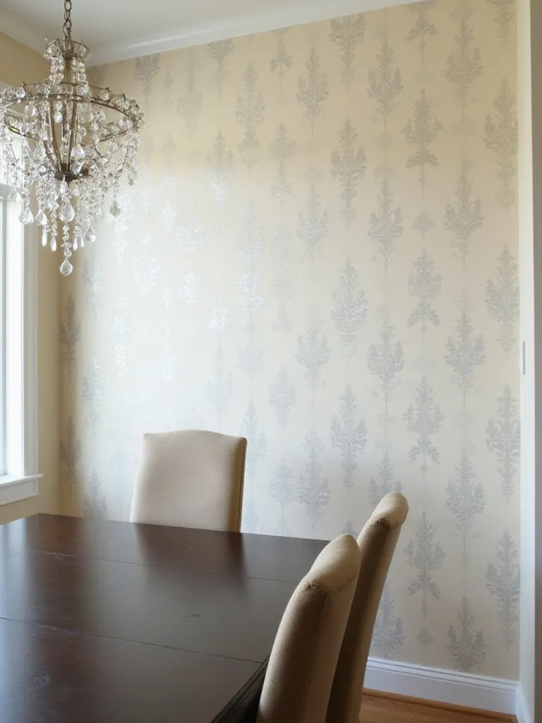 Dining room with silver damask wallpaper accent wall, dark wood table, and crystal chandelier