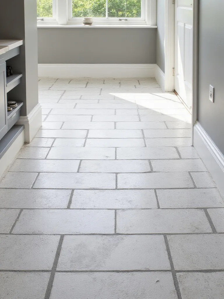 Mudroom floor with light gray tiles and dark gray grout.