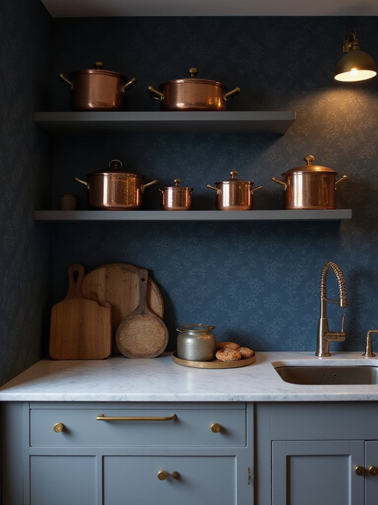 Dark navy geometric wallpaper in a modern kitchen with light gray cabinets and brass accents.