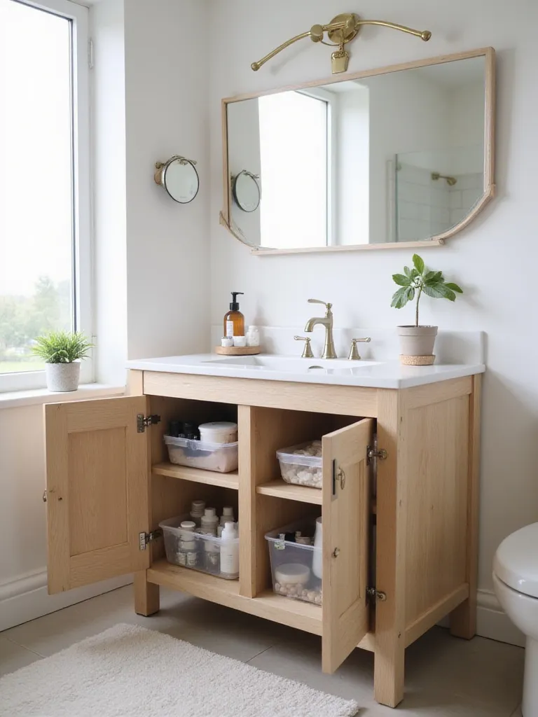 Small bathroom vanity with minimal items and organized storage, showcasing decluttered space.
